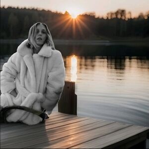 ZARA Women’s ZW Collection Faux Fur Belted Coat(Ecru, US L/EUR L)